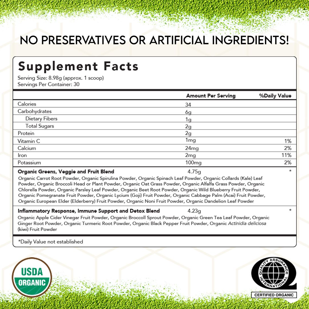 Certified Organic Superfood Greens Powder- Supports Detoxification,Digestion,Energy Levels & Immune Health