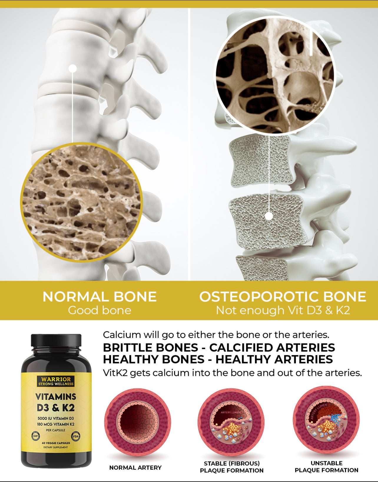Vitamins D3 & K2  (2 month supply) - Supports Bones,Teeth, Arteries & Immune Health