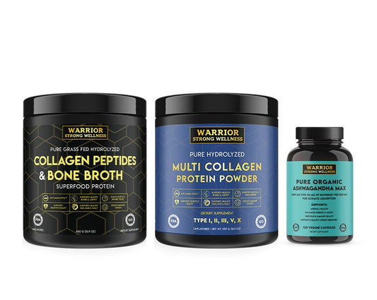 Warrior Strong Wellness Anti-inflammatory Immunity Bundle includes Collagen Peptides and Bone broth, multi collagen protein powder, and pure organic ashwagandha max