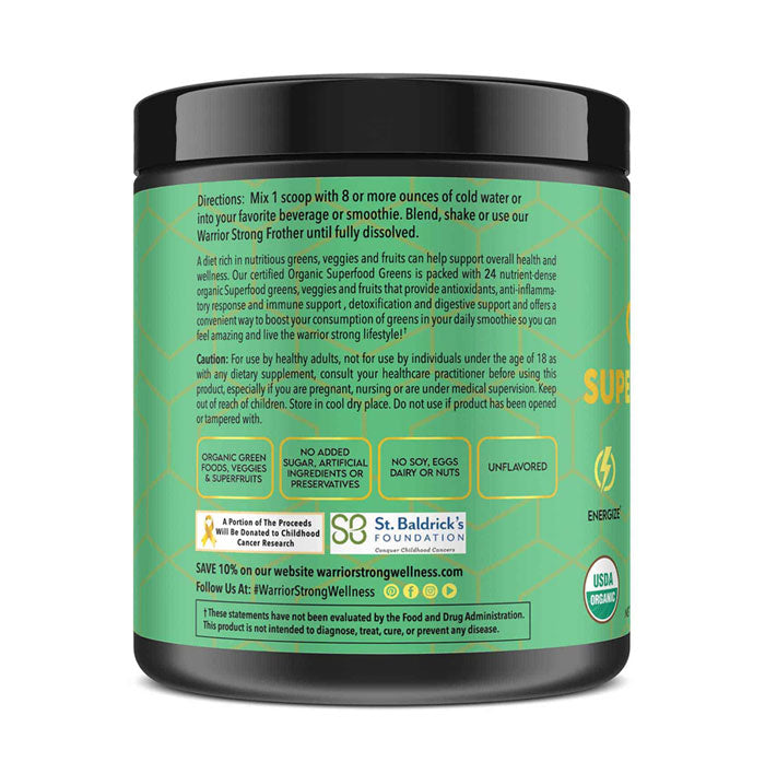 Certified Organic Superfood Greens Powder- Supports Detoxification,Digestion,Energy Levels & Immune Health