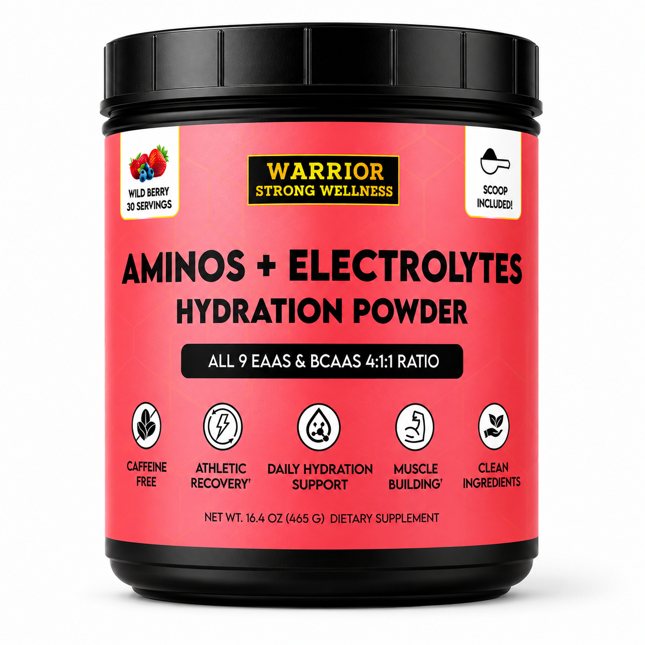 Warrior Strong Wellness Aminos + Electrolytes Hydration Powder container on a white background