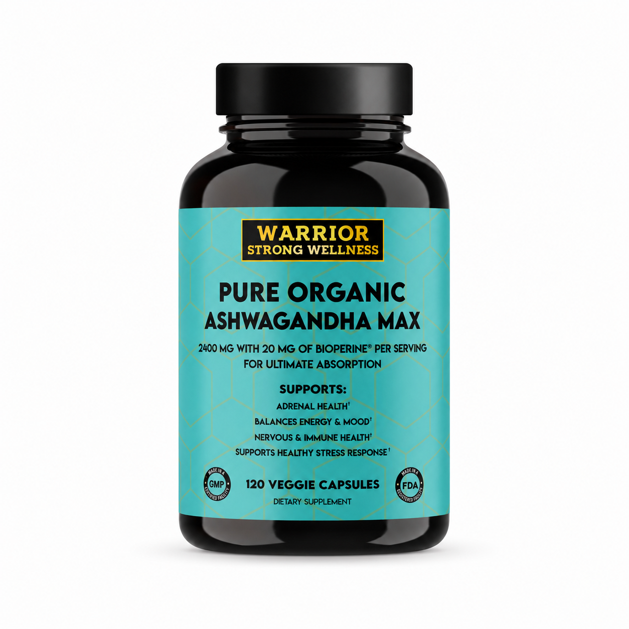 Supplement bottle labeled 'Pure Organic Ashwagandha Max' by Warrior Strong Wellness on a white background.
