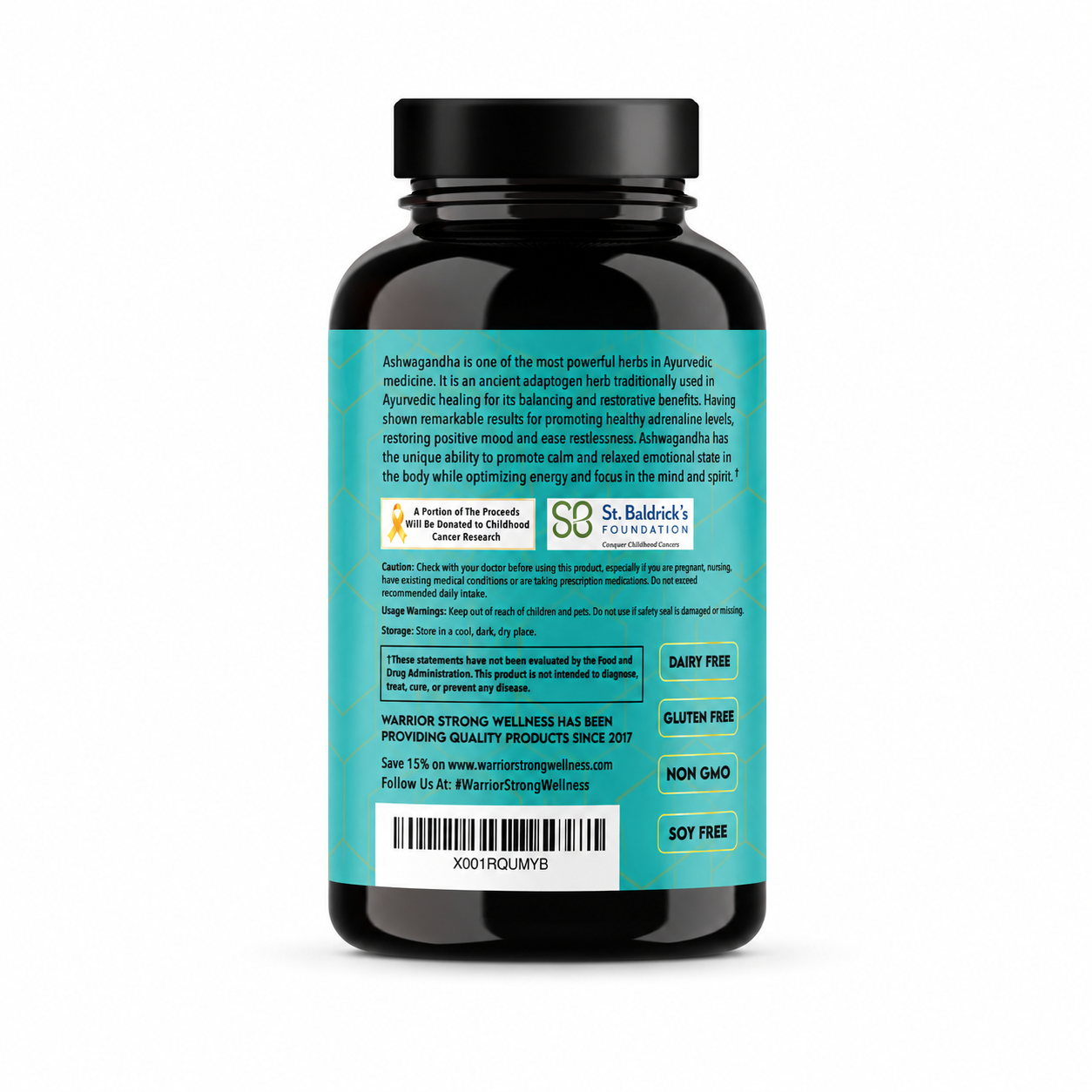 Back label of a supplement bottle with text and branding on a white background