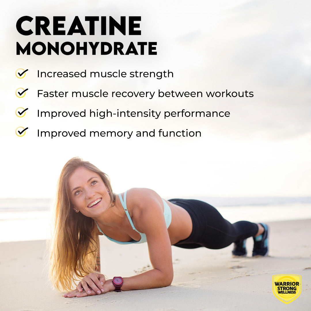 Women doing a plank on a beach and benefits of creatine listed