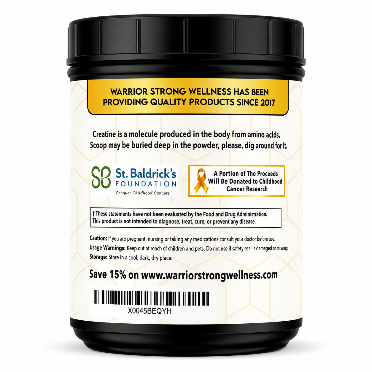 Supplement container with a label featuring St. Baldrick's Foundation and Warrior Strong Wellness branding.