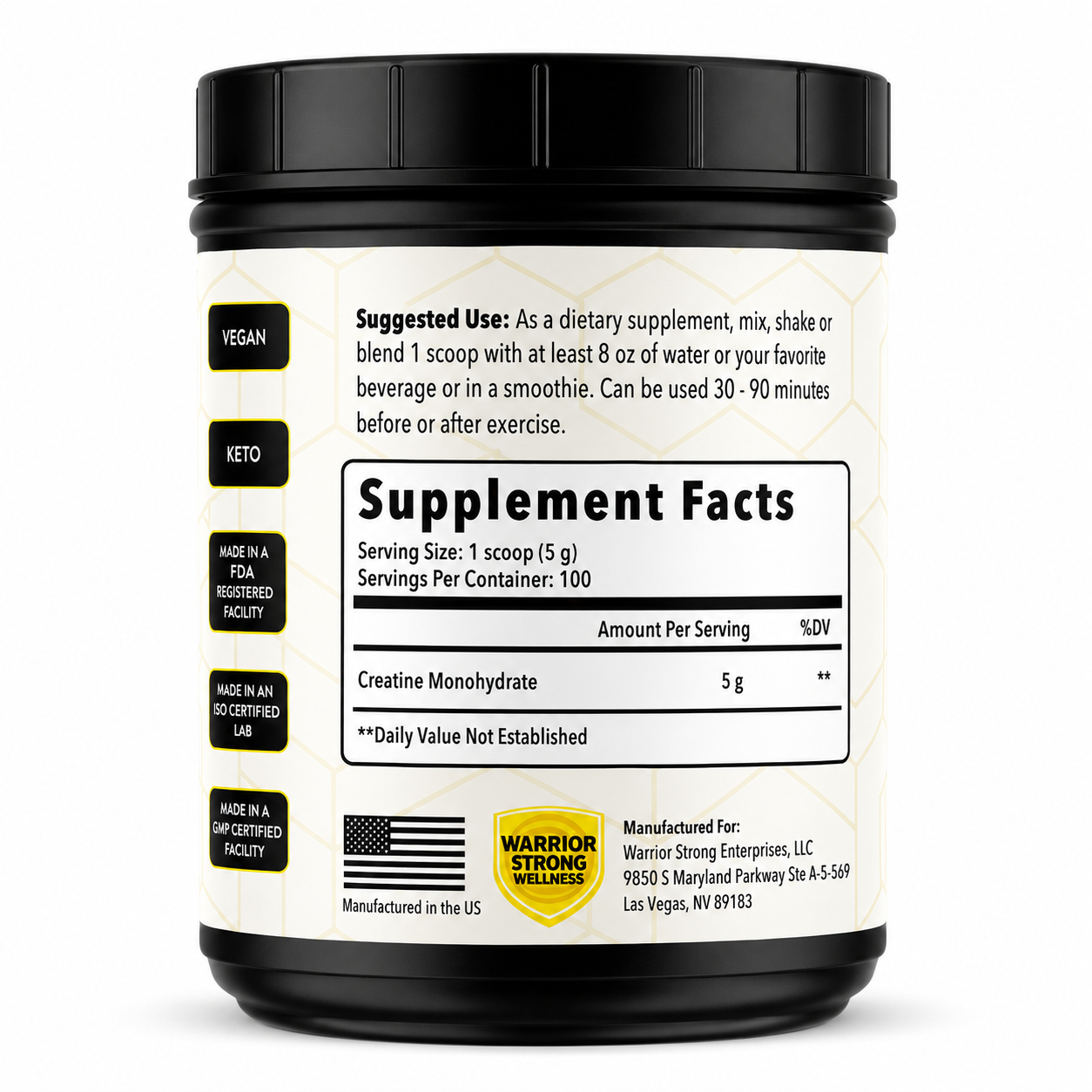 Supplement container with label showing supplement facts and branding details on a white background