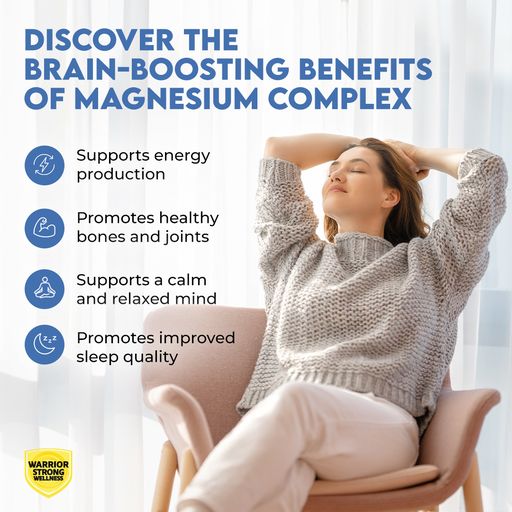 Listed benefits of Magnesium Complex with women sitting in a chair relaxing
