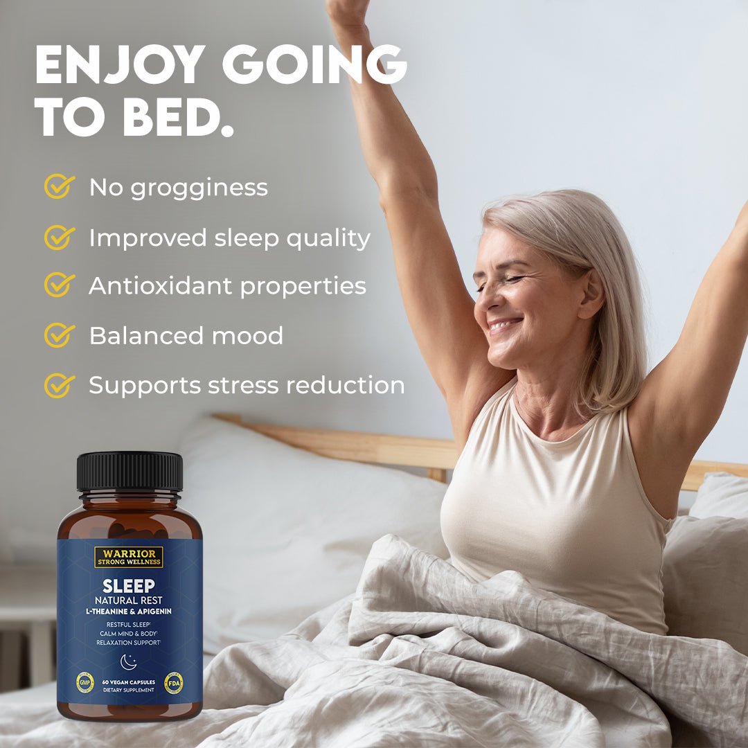 List of benefits of Sleep Well Natural Rest with woman stretching in bed 