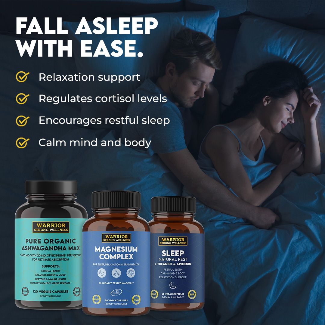 List of benefits of sleep well bundle, couple in bed sleeping in the background