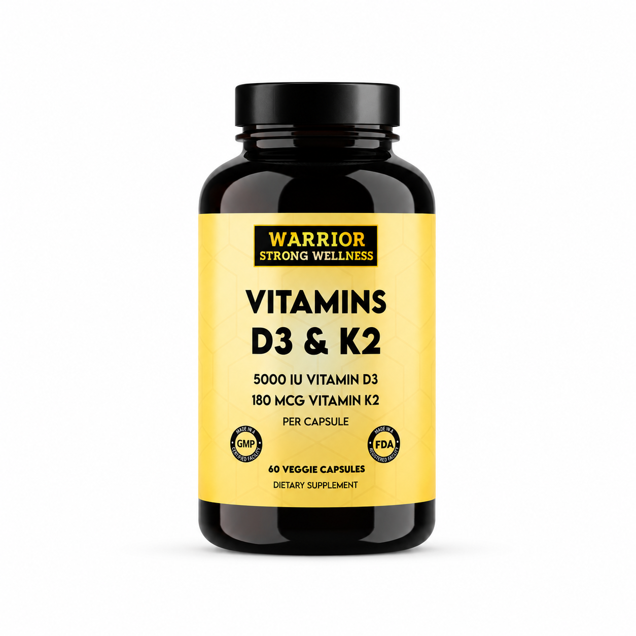 Supplement bottle labeled 'Warrior Strong Wellness Vitamins D3 & K2' on a white background