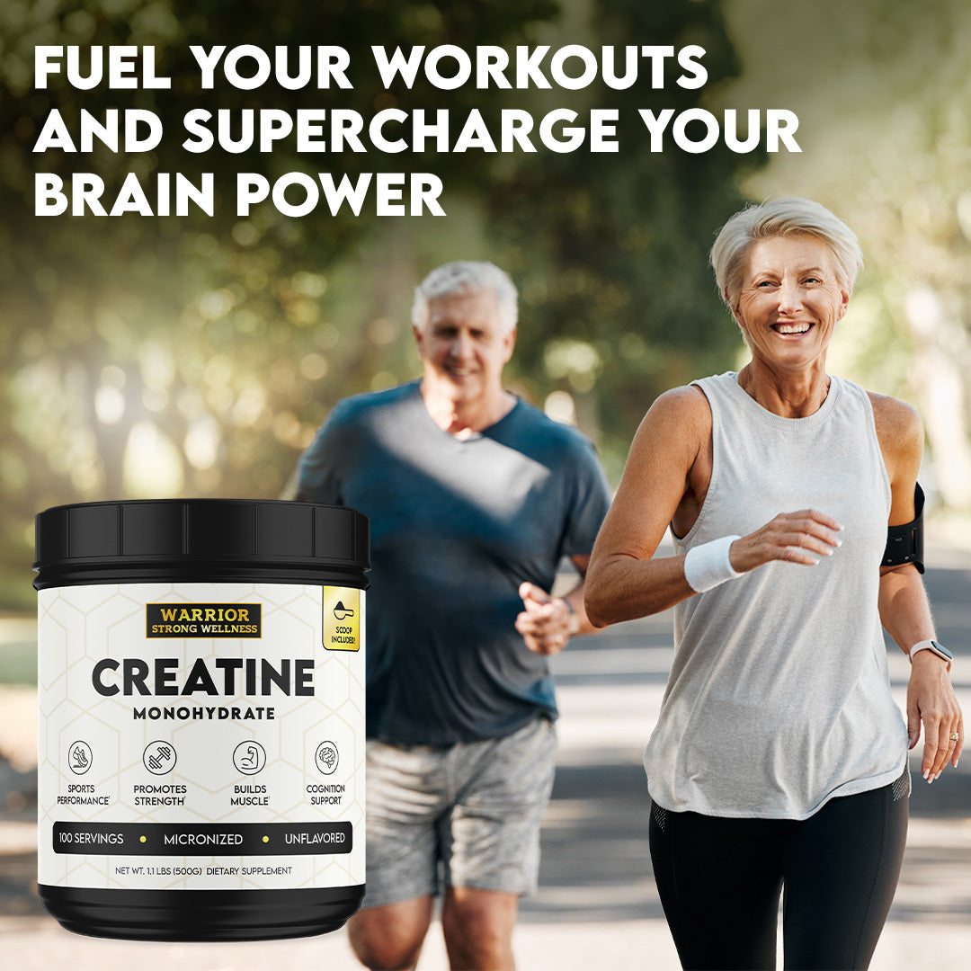 Two older individuals running with creatine product in the left corner, the words 