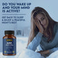 Tired woman with words, "Do you wake up and your mind is active? Get back to sleep and enjoy a peaceful night's rest" with blue background and product in lower left hand corner