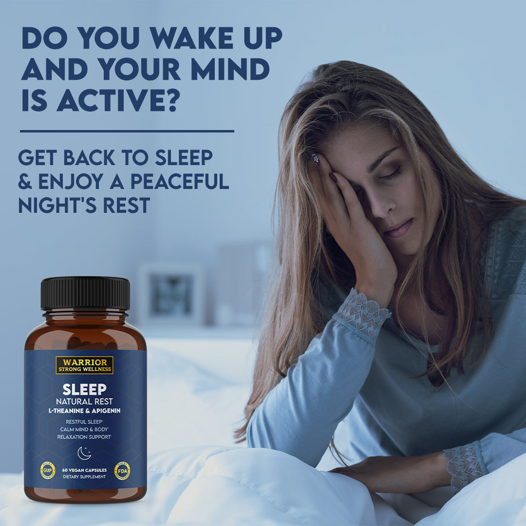 Tired woman with words, "Do you wake up and your mind is active? Get back to sleep and enjoy a peaceful night's rest" with blue background and product in lower left hand corner