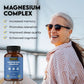 Older Woman smiling and magnesium complex benefits listed