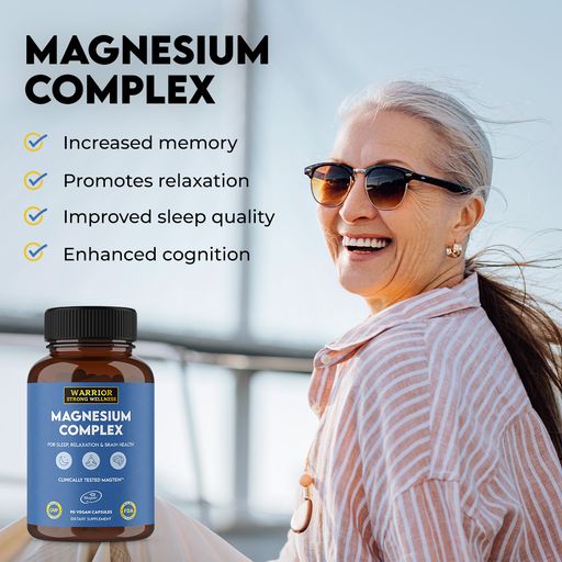 Older Woman smiling and magnesium complex benefits listed