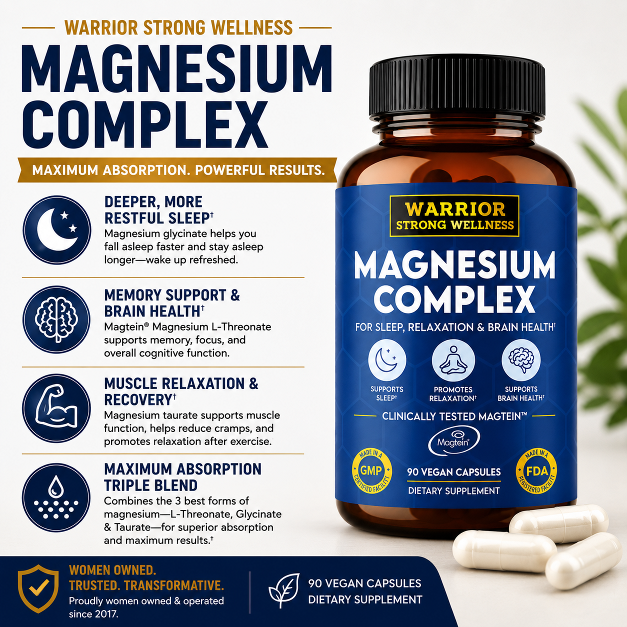 Bottle of Warrior Strong Wellness Magnesium Complex supplement with capsules on a light surface.