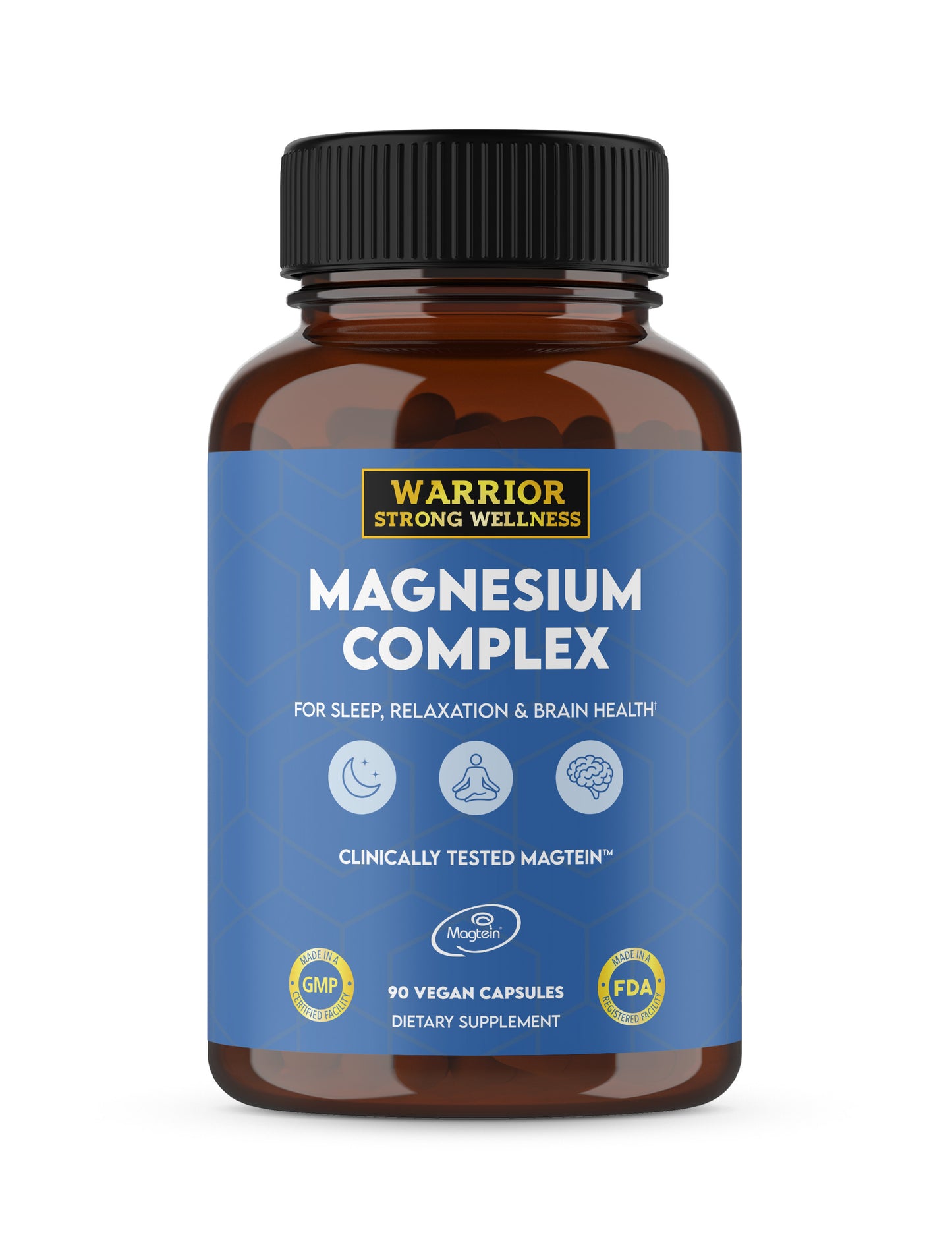 Capsule container Magnesium Complex with blue label and white background