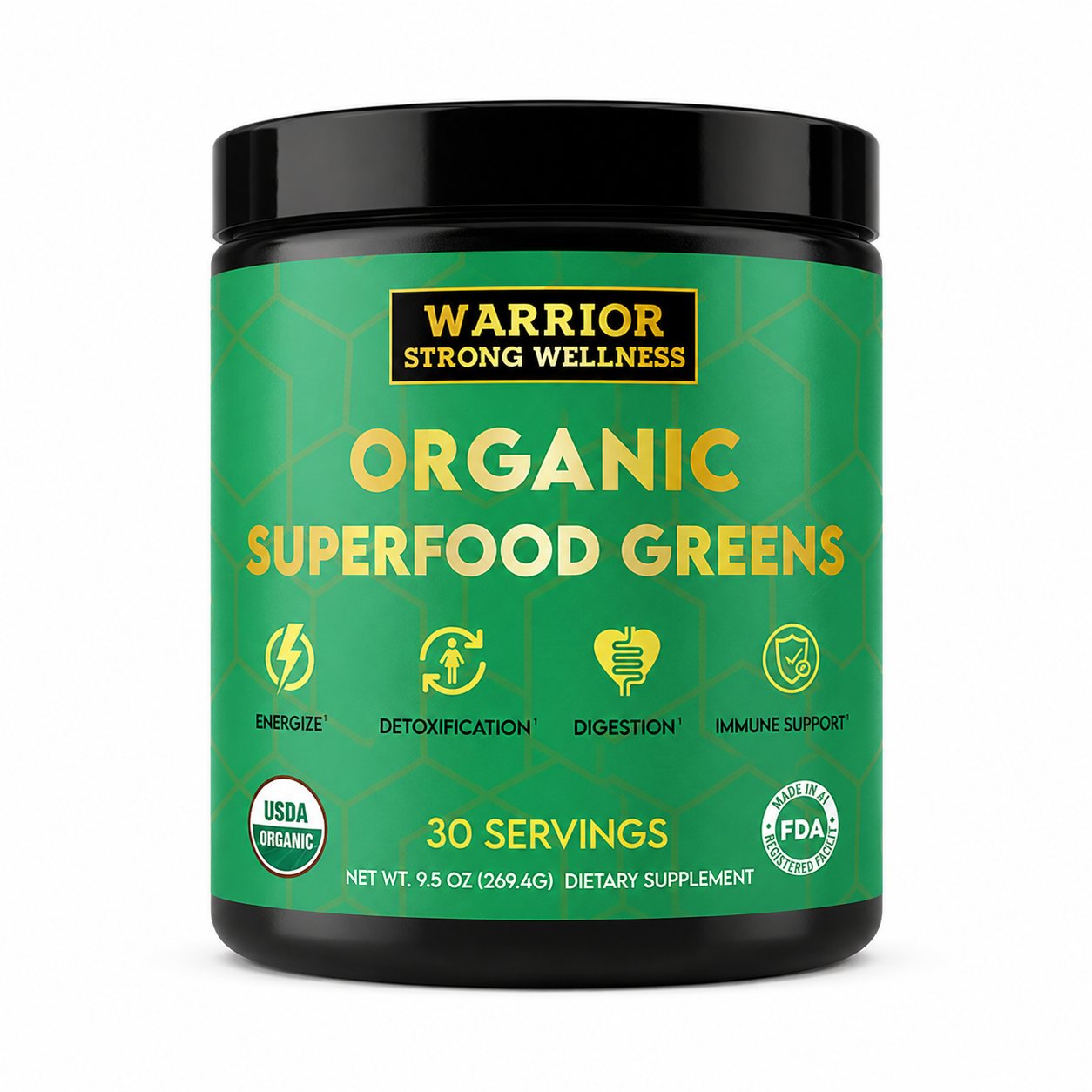 Green container of Warrior Strong Wellness Organic Superfood Greens on a white background