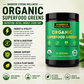 Warrior Strong Wellness Organic Superfood Greens supplement container with features listed on a light background.