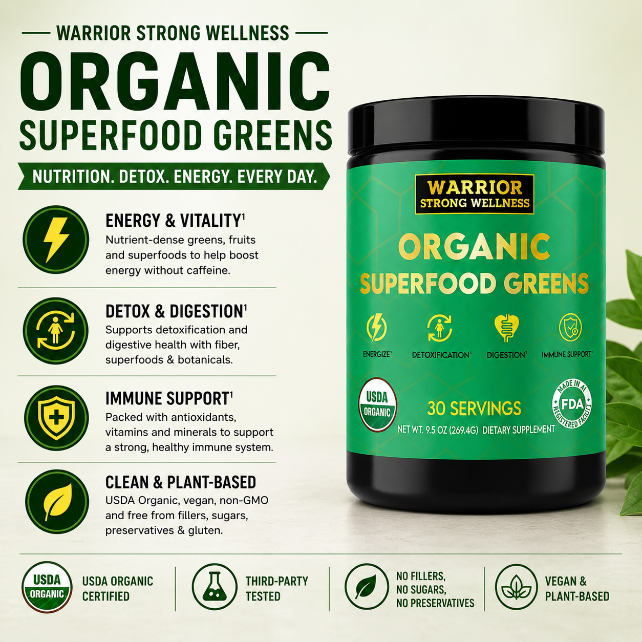 Warrior Strong Wellness Organic Superfood Greens supplement container with features listed on a light background.