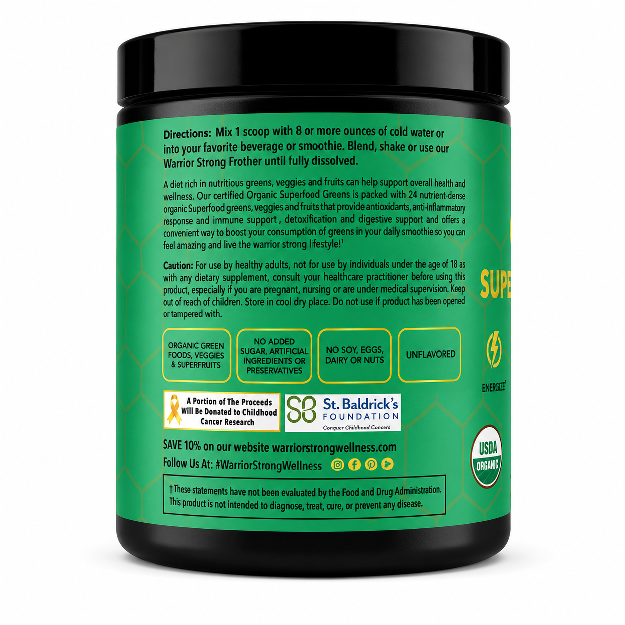 Green supplement container with black lid on a white background