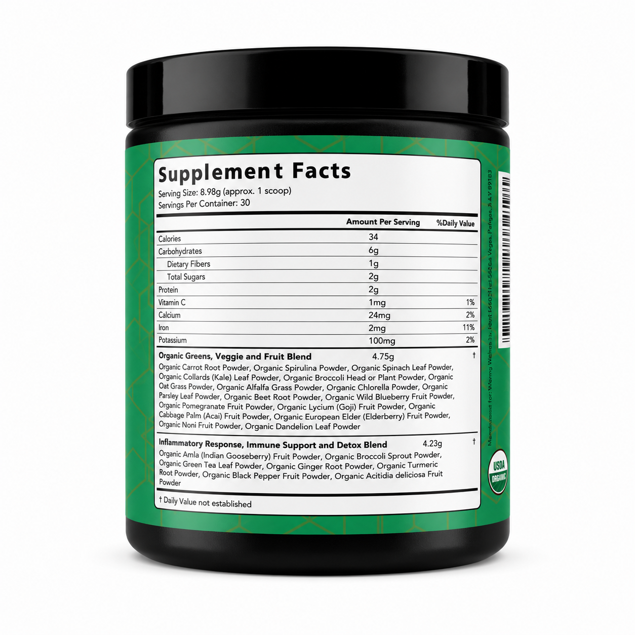Supplement container with a green label displaying supplement facts on a white background