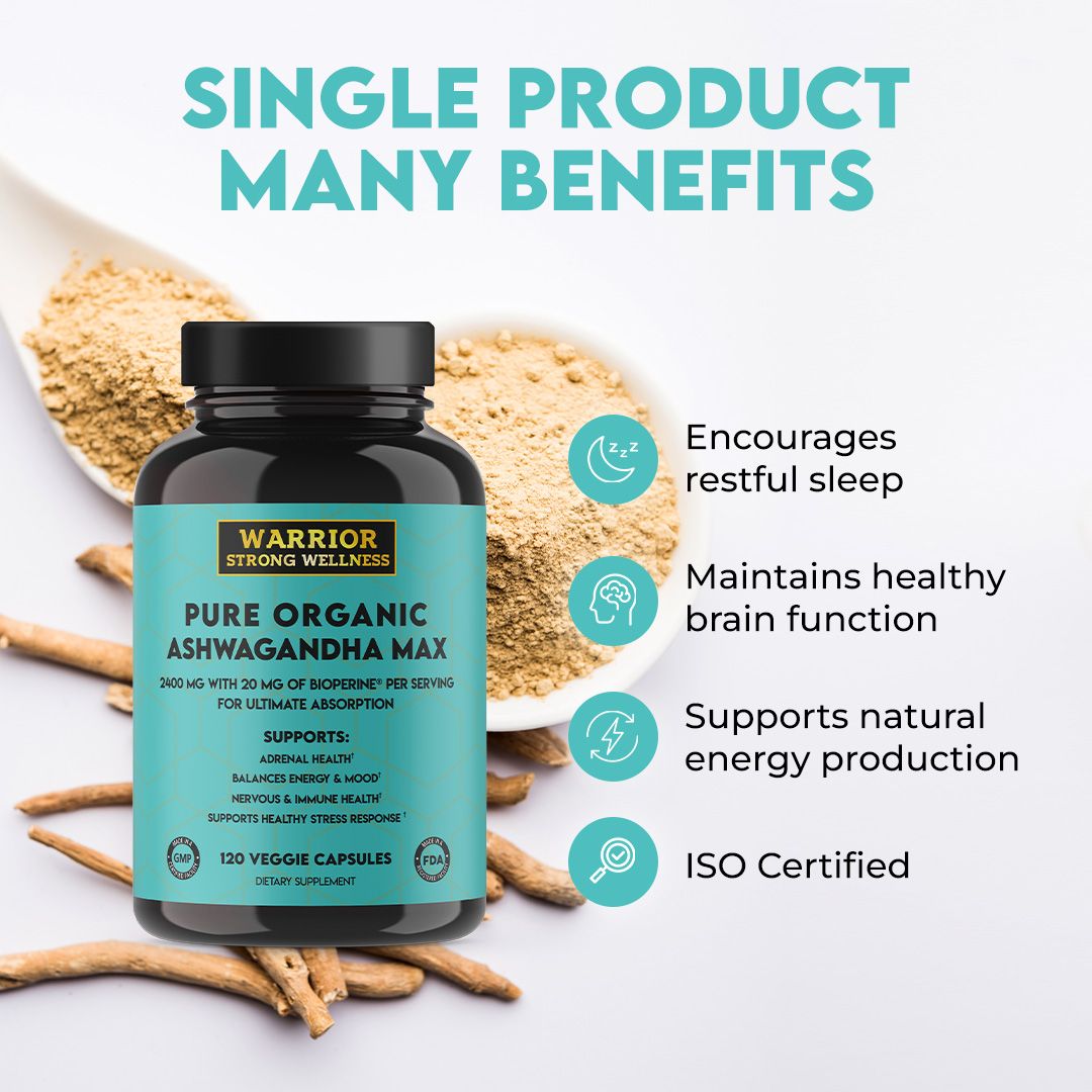 Pure Organic Ashwagandha Max Benefits listed with product