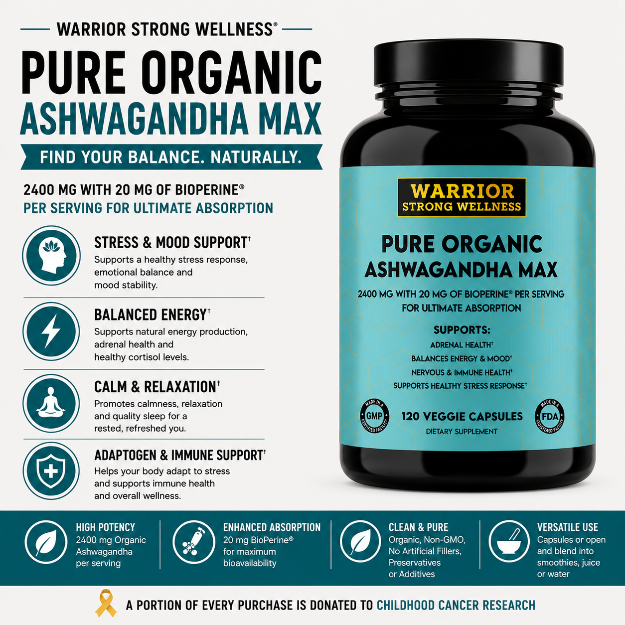 Pure Organic Ashwagandha Max -Supports Healthy Stress Response, Adrenal, Immune & Balances Mood