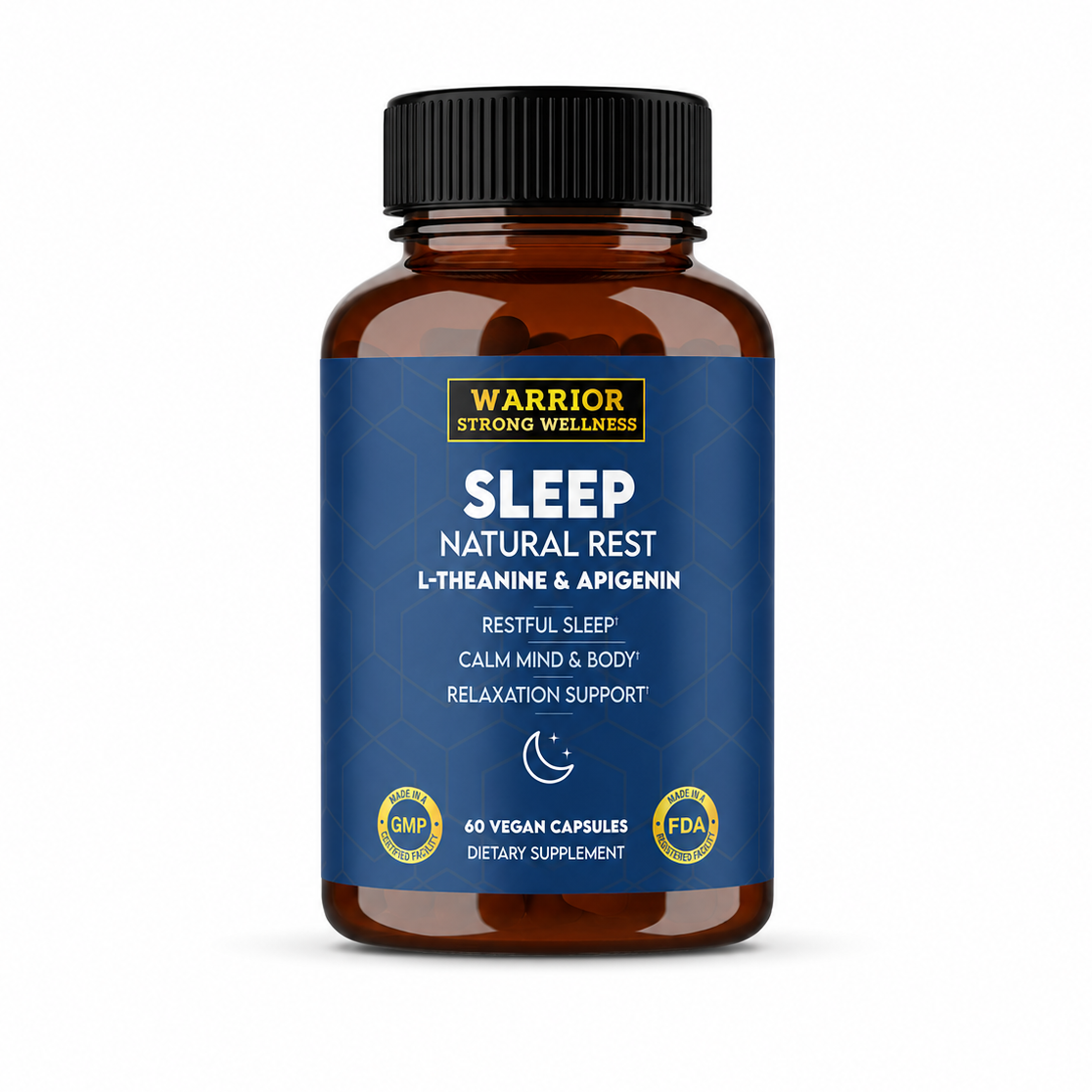 Supplement Bottle labeled 'Sleep Natural Rest' on a blue label with a white background