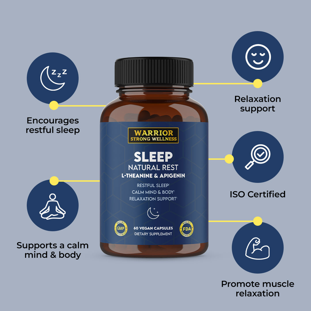 Sleep Natural Rest product photo with blue background and benefits listed