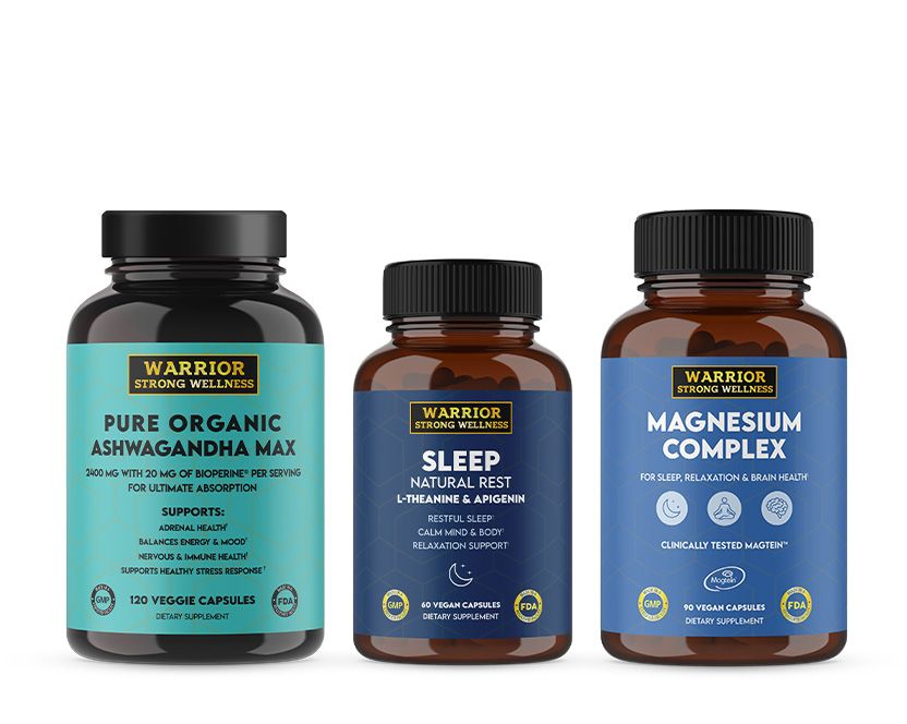 Three supplement bottles from Warrior Strong Wellness on a white background