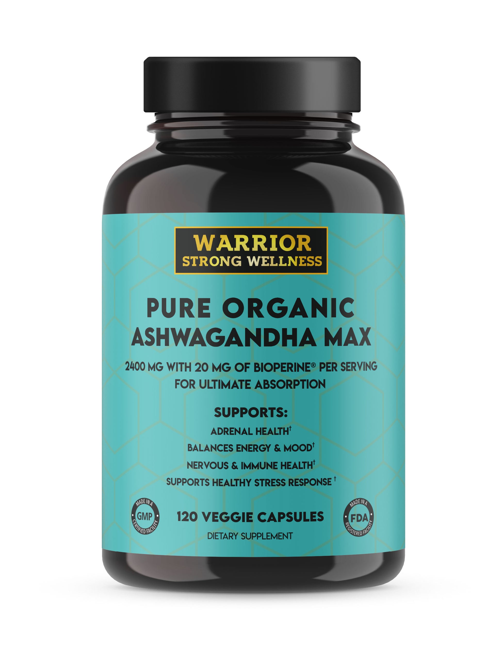 Product with white background, teal label Pure Organic Ashwagandha Max