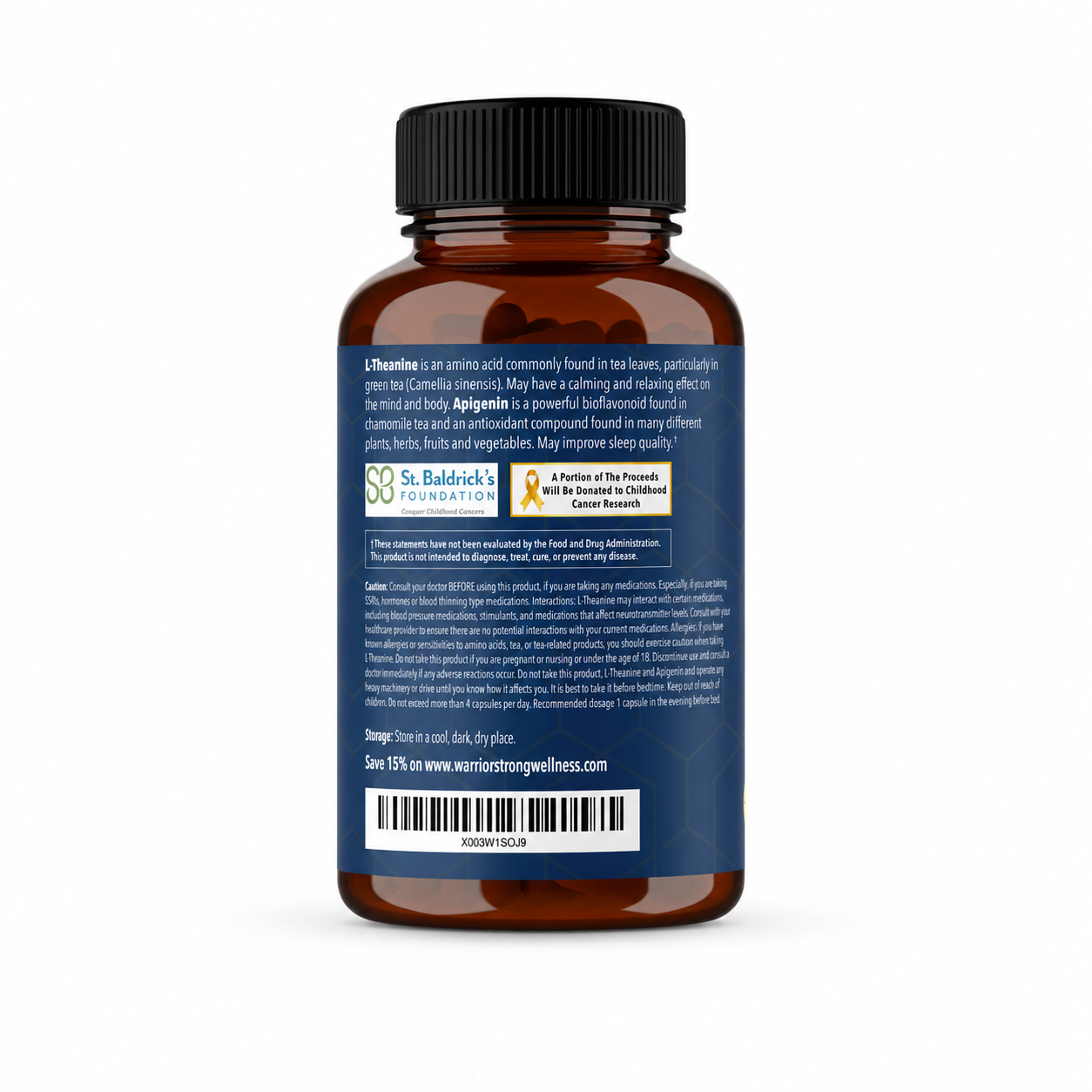 Supplement bottle side profile labeled by Warrior Strong Wellness on a white background