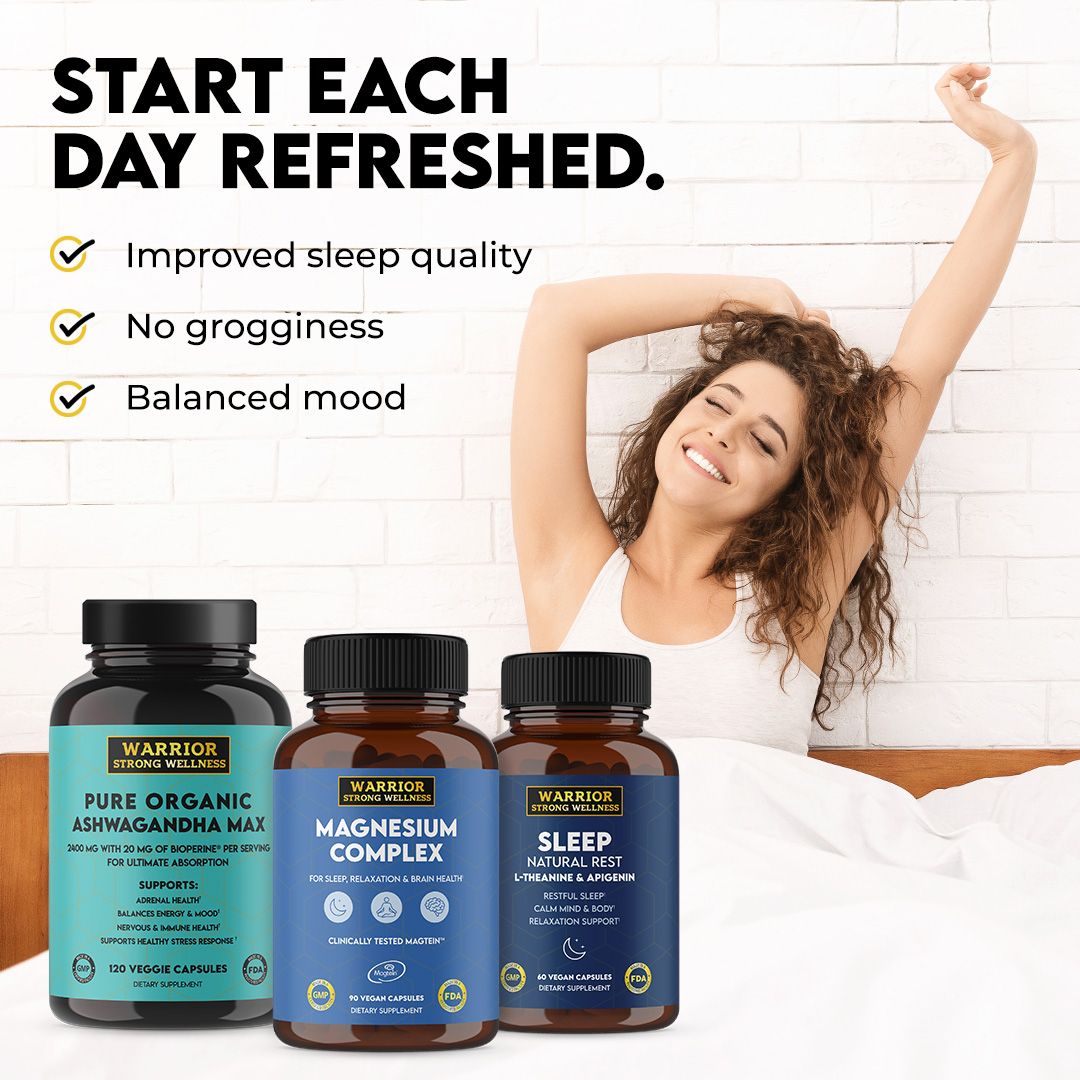 Woman stretching in bed and list of benefits of sleep well bundle