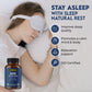 Sleep Natural Rest benefits listed with women sleeping in bed with sleeping mask