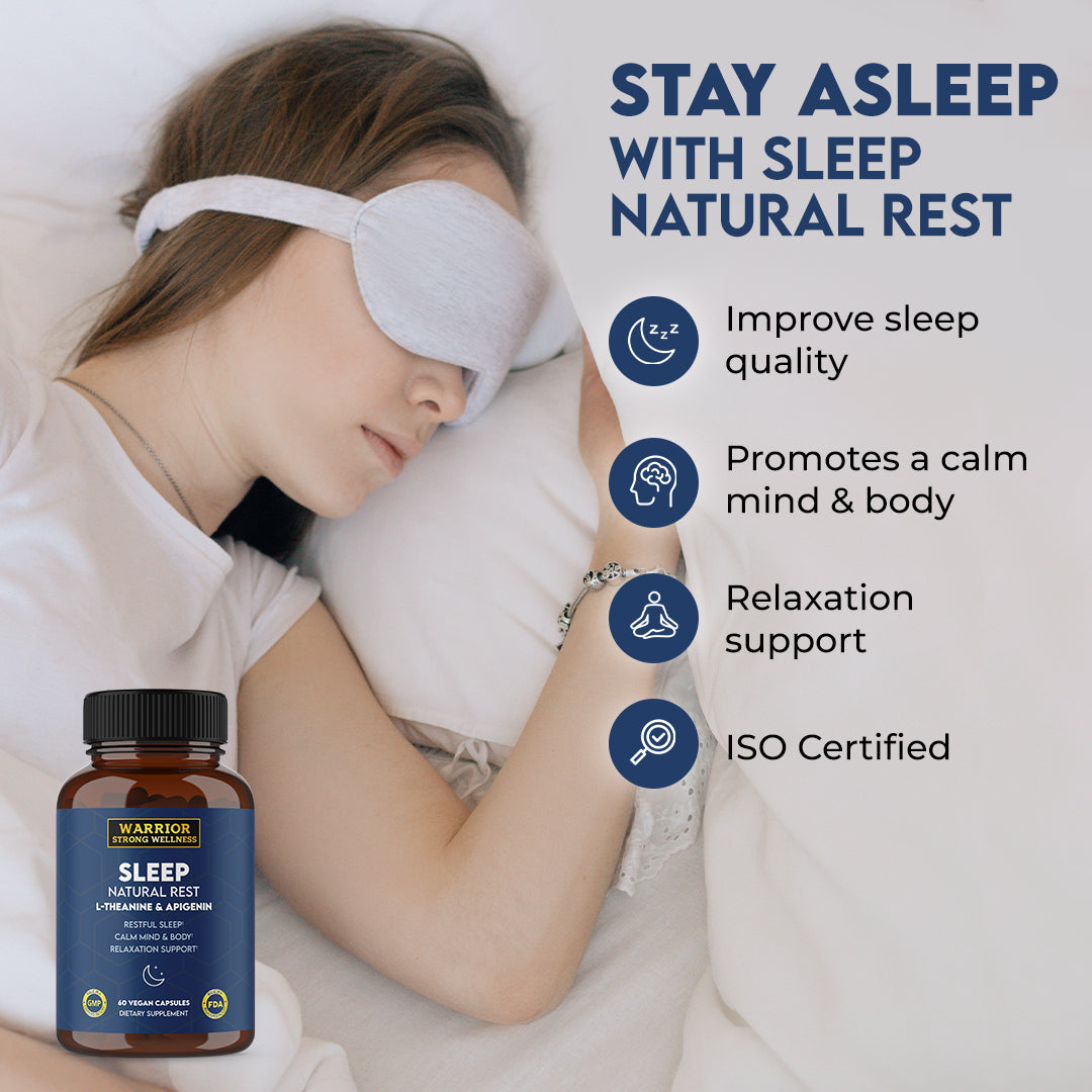 Sleep Natural Rest benefits listed with women sleeping in bed with sleeping mask