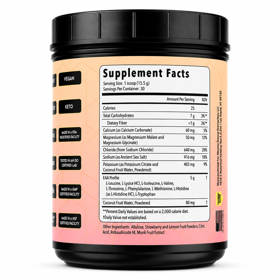 Supplement container with a label showing supplement facts on a white background