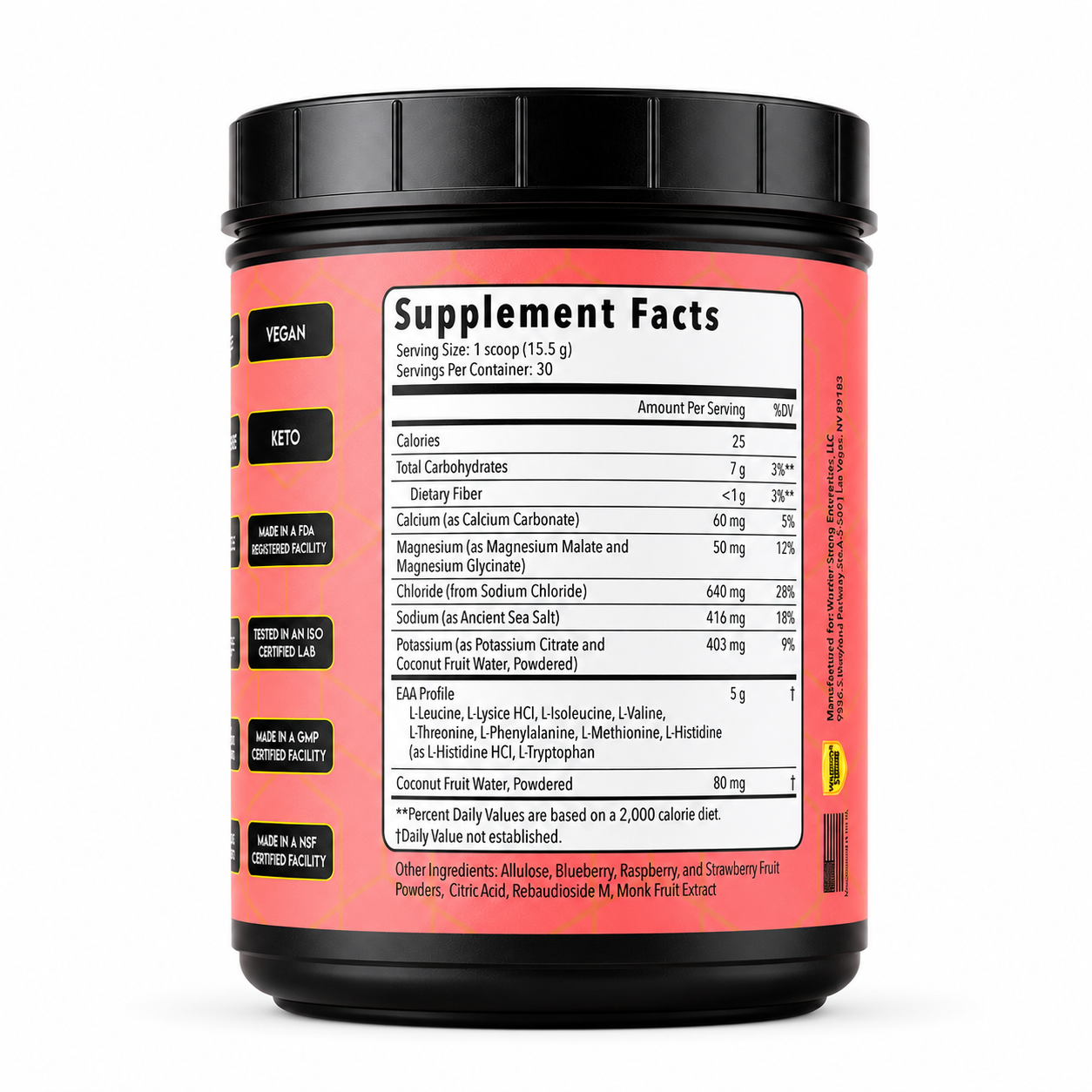 Supplement container with a label showing supplement facts on a white background