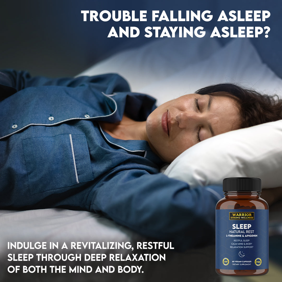 Woman sleeping in background with words 'Trouble Falling Asleep and Staying Asleep?'