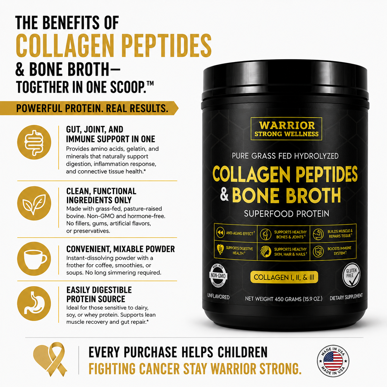 Black container of Warrior Strong Wellness Collagen Peptides & Bone Broth with benefits listed on a white background.