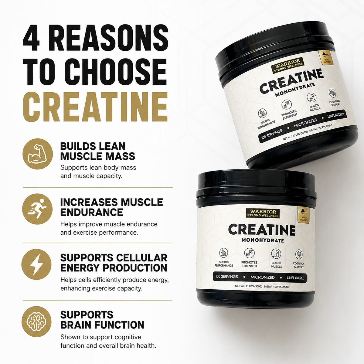 Two containers of Warrior Creatine Monohydrate with text listing reasons to choose creatine on a white background.