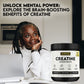 Women working at desk with creatine product in right hand corner, the words "unlock mental power: explore the brain-boosting benefits of creatine" across the top