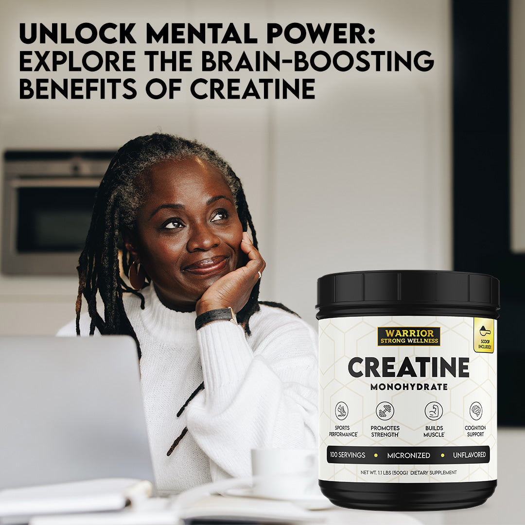 Women working at desk with creatine product in right hand corner, the words "unlock mental power: explore the brain-boosting benefits of creatine" across the top