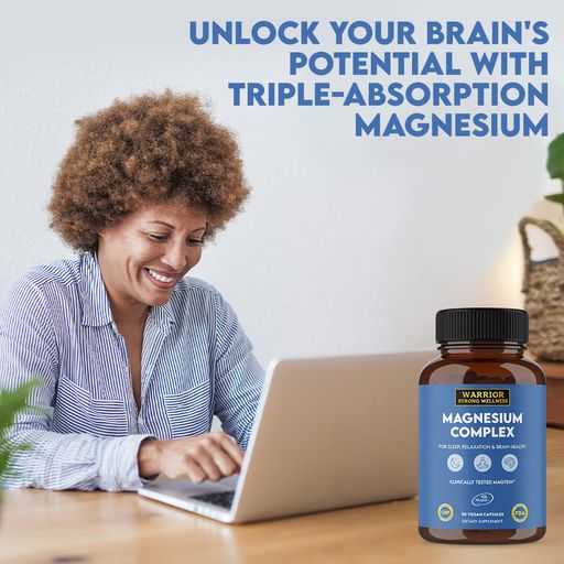 Women working on laptop, the words "unlock your brain's potential with triple-absorption magnesium" across the top in blue lettering, the product in the right hand corner