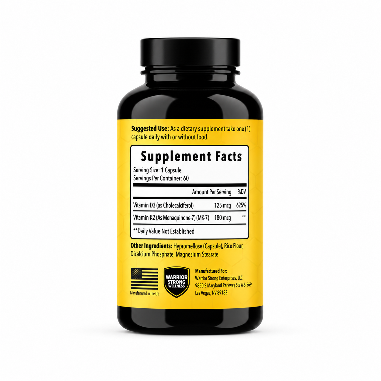 Black supplement bottle with yellow label on a white background