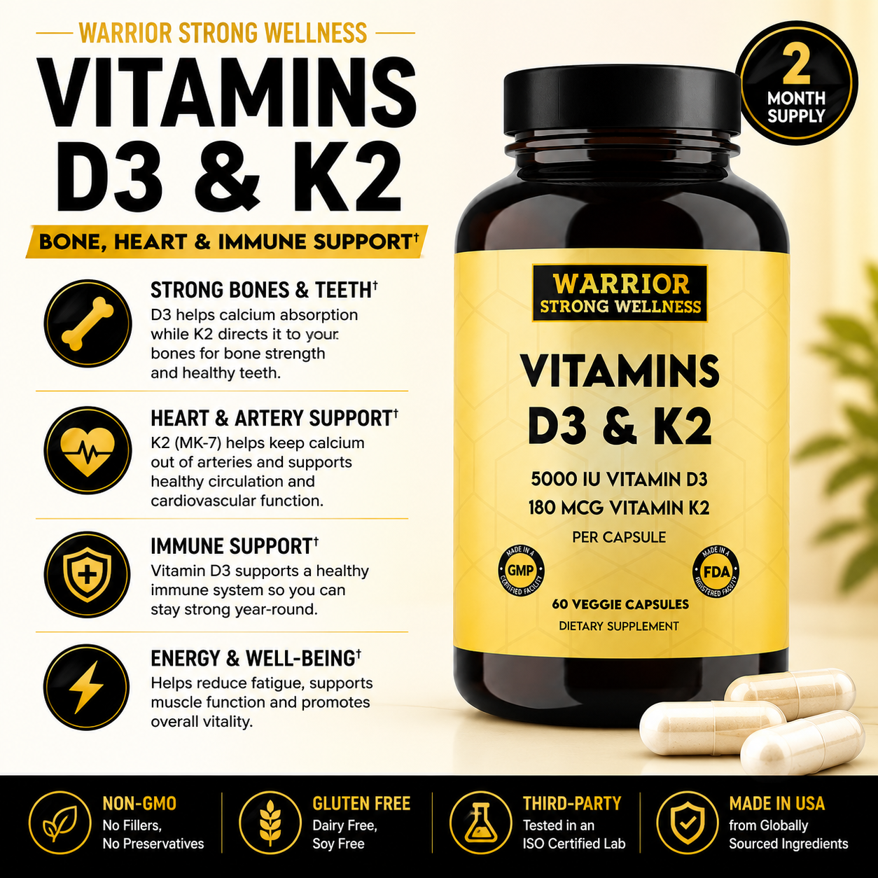 Warrior Strong Wellness Vitamins D3 & K2 supplement bottle with features and benefits listed.