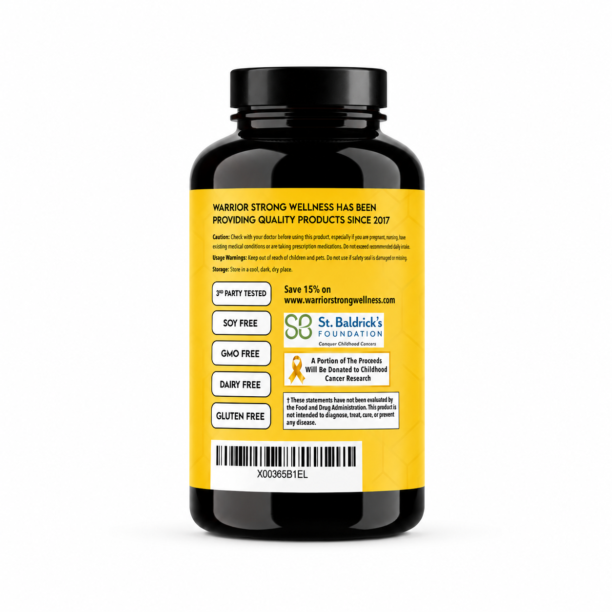 Black supplement bottle with yellow label on a white background
