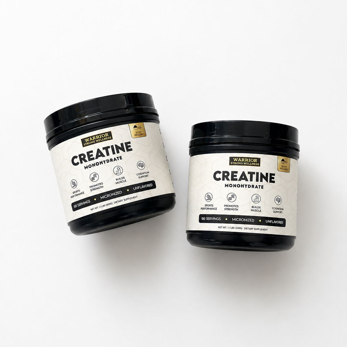 Two containers of Warrior Creatine Monohydrate on a white background