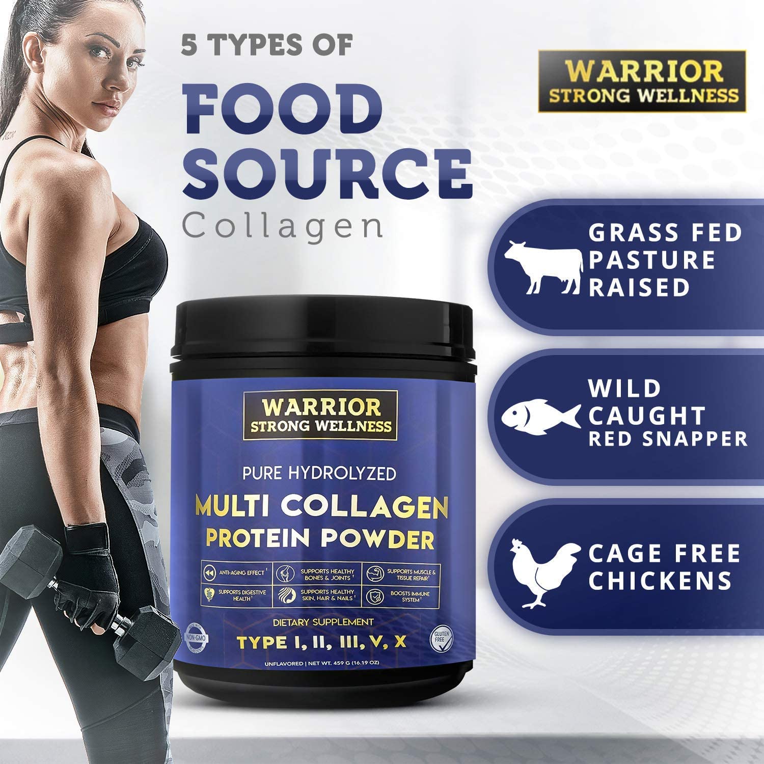 Warrior Strong Wellness Multi Collagen Protein Powder featuring five collagen types from grass-fed bovine, wild-caught fish, and cage-free chicken to support skin, joints, muscles, hair, and nails.