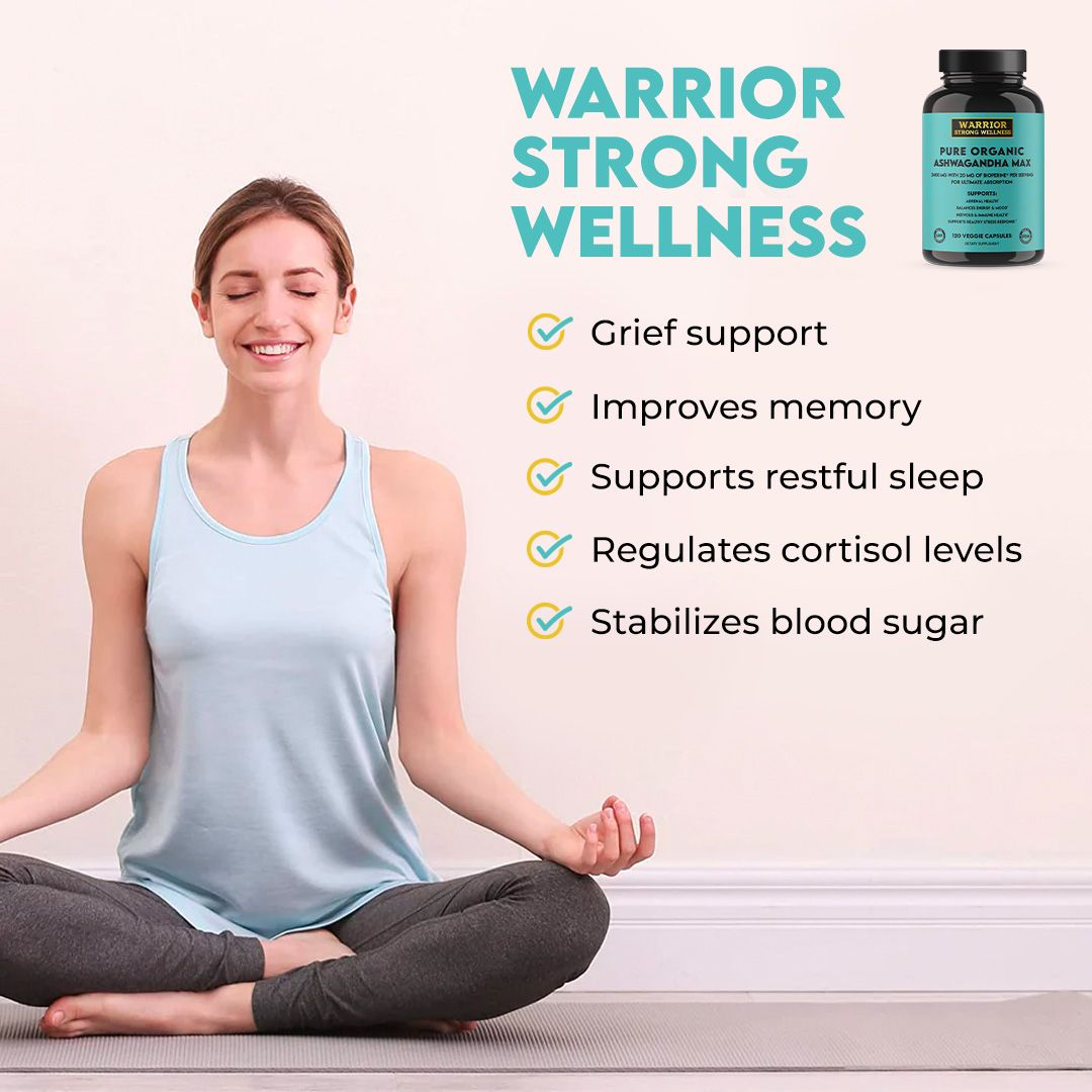 Woman meditating alongside Warrior Strong Wellness Ashwagandha Max, highlighting support for stress management, memory, restful sleep, healthy cortisol levels, and overall wellness.